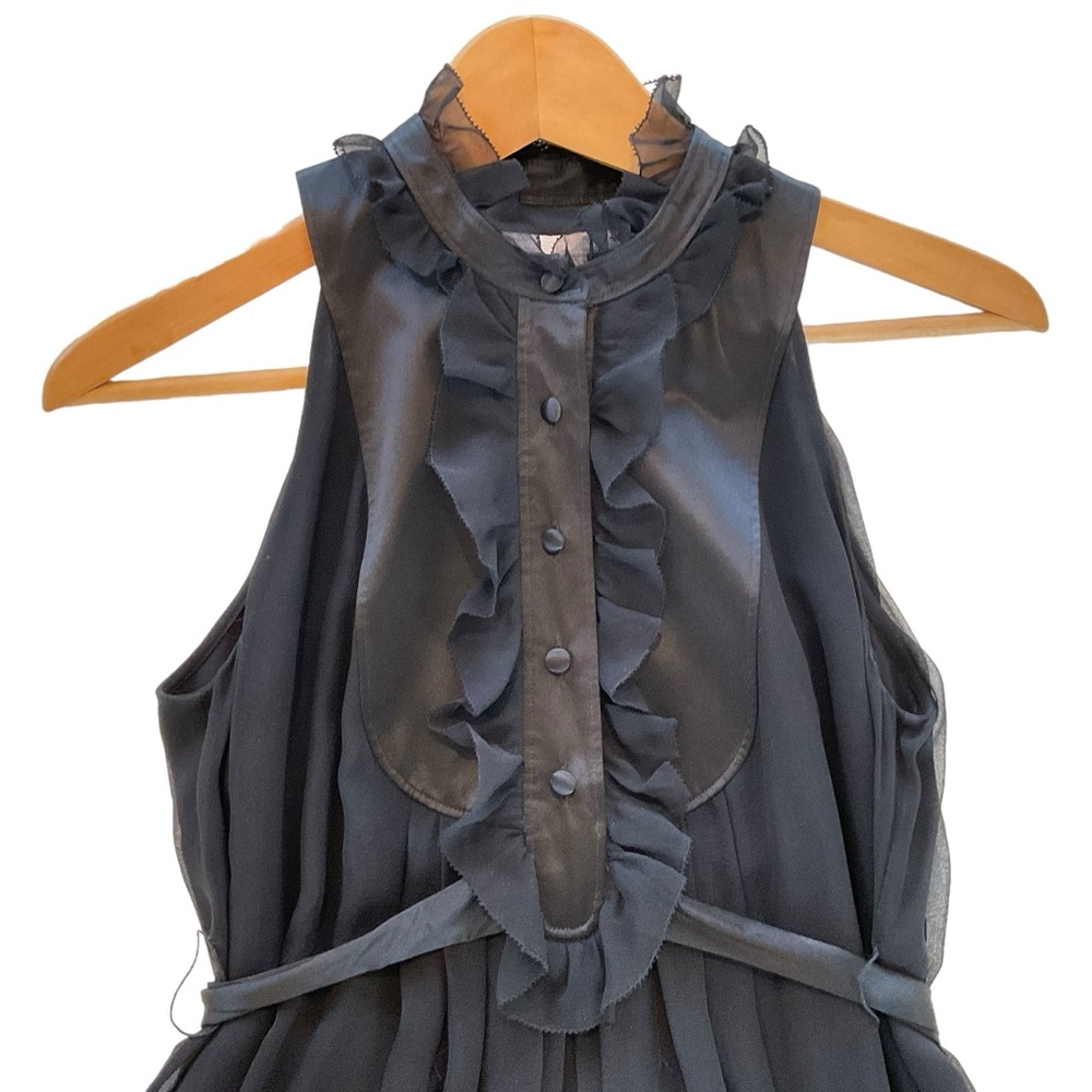 Rebecca Taylor 100% Silk Tuxedo Dress Womens 2 Black Ruffle Neck Mini Sleeveless